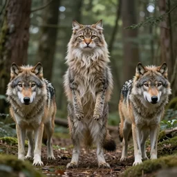 furry cat woman in a forest 8 b 4?.?.? with real wolves