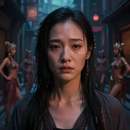 portrait of gemma chan tavern bard, intricate face, sad expression, sweat, narrow dark streets with exotic dancers, vaporwave aesthetics, 8 k uhd, unreal engine, octane render in the artstyle of finnian macmanus, john park and greg rutkowski