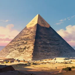 A giant pyramid looms over the horizon, rendered by Beeple, by Makoto Shinkai, synthwave style, environment concept, digital art, unreal engine, WLOP, trending on artstation, 4K UHD image,