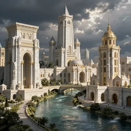 capital city of a fantasy kingdom with a river running through it and tall marble buildings with fantasy roman architecture