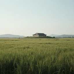 A serene landscape with a singular building in the style of Alan Lee.