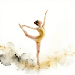 beautiful serene gymnastics, healing through motion, life, minimalistic golden and ink airbrush painting on white background, pristine dream