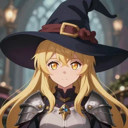 magical bombshell cute anime elf blonde girl battle witch armored witch hat symmetrical face. symmetrical detailed defined eyes. beautiful lineart. bokeh pixiv # 1 ranking depth focus, chromatic aberration, noise, soft lighting, srgb, 4 k, cinematic rembrant kuvshinov ross tran craig mullins leyendecker wlop guweiz