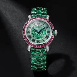 van cleef and arpels wristwatch studded with emeralds and rubies on a matte black background wide angle detailed watch hands chinese numerals