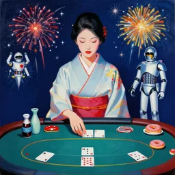 woman in a japanese kimono sitting at an extremely detailed poker table with the startrooper, sake, donuts on the table, fireworks and stars on the background, by andy warhol, by roy liechtestein, canvas, acrylic paint, cool color palette, 4 k, ultra - hd