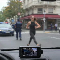 dash cam screenshot of gal gadot running from the cops motion blur wide shot