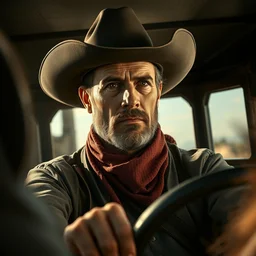 hyperrealist portrait of a cowboy driving a stage coach by james bama and jeremy mann, fantasy art, photo realistic, dynamic lighting, artstation, poster, volumetric lighting, very detailed faces, 4 k, award winning