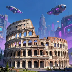 futuristic colosseum in rome, steampunk neon city in the background, spaceships, futuristic, matte painting, high detail, intricate line detail, dreamy, blue and purple lighting, artstation, by hayao miyazaki