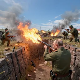 putin vladimir fires a firearm in the trenches in the war, colorful, contrast, 3 d scene, greg rutkowski, zabrocki, karlkka, jayson devadas, trending on artstation, 8 k, ultra wide angle, zenith view, pincushion lens effect