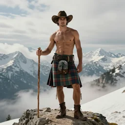 a portrait by greg rutkowski and albert bierstadt of a handsome buff beautiful shirtless desi mountaineer on a mountain peak | he is wearing a short tartan kilt, cowboy hat, and leather boots | he is holding a walking stick | background is snowy mountains and clouds | homoerotic, detailed face, dramatic, ethereal, dreamlike | trending on artstation