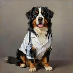 an oil painting of a bernese mountain dog dressed in doctor's lab coat with a stethoscope around his neck, high quality