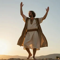 beautiful cinematic still portrait of 50 year old Mediterranean skinned man in Biblical clothing dancing in the sunrise, energy, vibrancy, passion