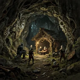 An epic fantasy comic book style landscape painting of a thieves den hidden inside a cavern, unreal 5, DAZ, hyperrealistic, octane render, dynamic lighting