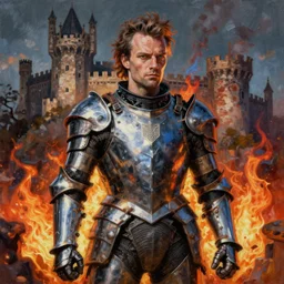 till lindemann rammstein in armor jeremy mann painting, highly detailed, castle in background, fire, 8 k,