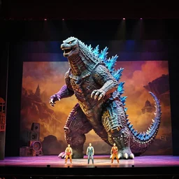 photo of a huge theaterstage, theaterplay is godzilla, 3 actors on stage, 8 k, multicolored, exaggerated detailed, long shot