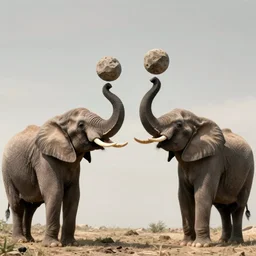 two elephants juggling boulders with their tusks
