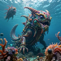 deep undersea with large strange scary creatures swimming around in the style of Giger, low angle, octane render, macro, shallow dof, ultra realistic, hyper-realistic, exquisite architecture, hyper-realistic, ultra-detailed, cinematic lighting, vibrant colors, W- 1024