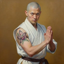 A detailed matte oil on canvas painting of a white male martial artist monk, orchid arm tattoos  by greg rutkowski and artgerm, trending on artstation,  dungeons and dragons art