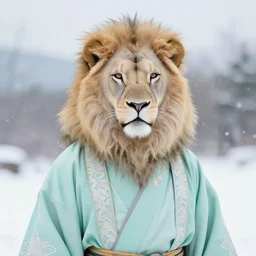 aesthetic portrait commission of a albino male furry anthro lion wearing a traditional intricately designed mint colored Kimono, detailed face , hyperdetailed,  snowy winter atmosphere. Character design by charlie bowater, ross tran, artgerm, and makoto shinkai, detailed, inked, western comic book art, 2021 award winning painting
