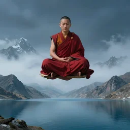 abstract illustration of a tibetan monk in lotus asana flying over himalaya mountains lake in weightlessness in traditional red cloth, small foggy and blue gloomy, highly detailed, photorealistic, abstract science fiction illustration by salvador dali, jeremy geddes