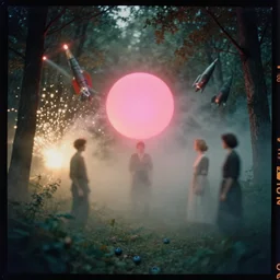 kodak portra 4 0 0, wetplate, pink glowing neon sphere in a forest, muted colours, blueberry, 1 9 3 0 s style, motion blur, portrait photo of a backdrop, explosions, rockets, bombs, sparkling, haze, fog, by georges melies and by britt marling