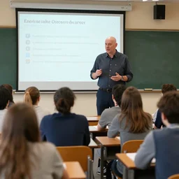 a tall caucasian bald male teacher discussing the benefits and dangers of AI with his students in a classroom in skyrim