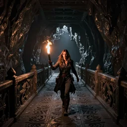 kate beckinsale as dnd thief hold torch and sneaking through bridge over chasm, very distant view, carved floor, ceiling hides in the dark, full darkness, fantasy digital art realistic, 4k,