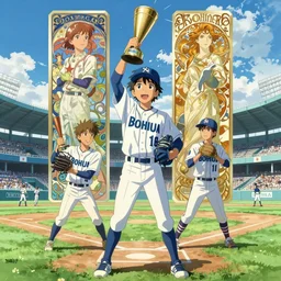 poster of young baseball player winning in koshien stadium, blue sky and white clouds, the feeling of summer, intricate, highly detailed, digital painting, artstation, concept art, sharp focus, illustration, art by makoto shinkai, lois van baarle, ilya kuvshinov, greg rutkowski and alphonse mucha, 8 k