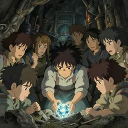 a film still of a cave full of miners, with a miner mining diamonds, finely detailed features, closeup at the faces, perfect art, at an ancient city, gapmoe yandere grimdark, trending on pixiv fanbox, painted by greg rutkowski makoto shinkai takashi takeuchi studio ghibli, akihiko yoshida