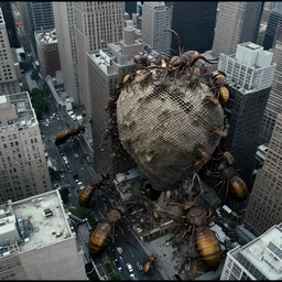 vhs footage of an infestation of giant wasp like creatures and hives in new york city, aerial shot
