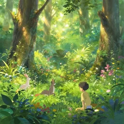 the life worth living woodland creatures abound in wild flora vivid exuberant immaculate digital painting golden hour light mist refractive lighting lush greenery by makoto shinkai takashi takeuchi yoshiyuki sadamoto