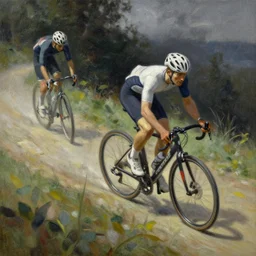 a stunning painting of a guy biking fast downhill by thomas kinkade and john aktinson grimshaw, matte painting, moody palette