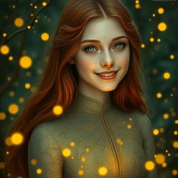 young woman, serene smile surrounded by golden firefly lights, amidst nature fully covered by a intricate detailed dress, long red hair, precise linework, accurate green eyes, small nose with freckles, smooth oval shape face, empathic, expressive emotions, spiritual scene, hyper realistic ultrafine art by artemisia gentileschi, jessica rossier, boris vallejo