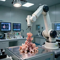 a complex thick bifurcated robotic cnc surgical arm cybernetic symbiosis hybrid mri 3 d printer machine making some squid embryo organic ceramic fractal forms in inspection laboratory control panel room, lcd screens, knobs, drone camera lens orbs, 3 point lighting, highly detailed larval stage, natural color scheme, photo still from movie by denis villeneuve,