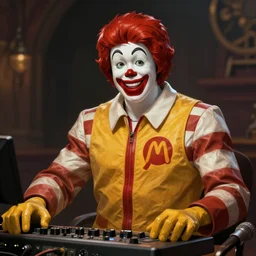 portrait of Ronald McDonald the radio dj, muscular, wild, upper body, D&D, fantasy, intricate, cinematic lighting, highly detailed, digital painting, artstation, concept art, smooth, sharp focus, illustration, art by Hajime Sorayama