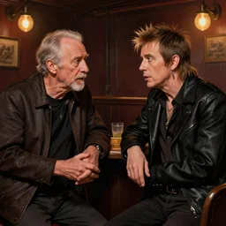 Tom Waits and Iggy Pop talking in a pub, highly detailed, centered, digital painting, artstation, concept art, smooth, sharp focus, illustration, art by james gurney and norman rockwell and greg rutkowski