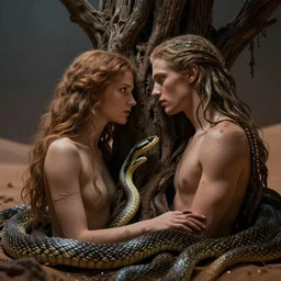 a close up of Adam and Eve in Dune with the tree of life, the snake is surrounding them, beautiful dramatic moody lighting, cinematic atmosphere, high detail, 8k, ornate, dark fantasy, masterpiece, complex, a tropical garden world by Ralph McQuarrie| sparth:.2 | Tim white:.4 | Rodney Mathews:.2 | Graphic Novel, Visual Novel, Colored Pencil, Comic Book:.2