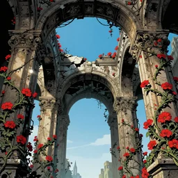 comic artwork cover by Hergé of broken arches leading to the pillars of eternity draped with red flowers and vines, blue sky, lens flare, a sense of mystery, cinematic, ultra detailed, intricate, sharp focus, trending on artstation, 8K