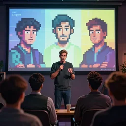 man nervous speaking in front of the audience, nft, pixel art, hyper photorealistic, crispy quality, digital photography, trending in pinterest, cinematic, 4 k ultra hd, art by pascal blanche, art by greg rutkowski, art by artgerm,
