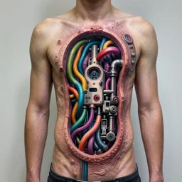 full body tattoo of a 3 dimensional hole in the skin with multicolored tubes and robotic mechanics inside under the skin, insanely integrate,