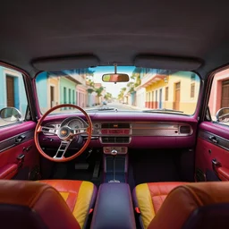 cuban car interior, colorful, contrast, depth of field, 3 d scene, render, greg rutkowski, zabrocki, karlkka, jayison devadas, trending on artstation, 8 k, ultra wide angle, zenith view, pincushion lens effect