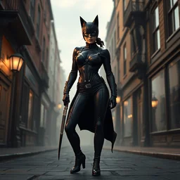 full body wide shot, a modern catwoman in 1 7 6 0's england street, in the style of artgerm and charlie bowater and atey ghailan and mike mignola, cinematic lighting, deviantart artstation, unreal engine 6, detailed and intricate environment
