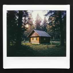 polaroid of a sunrise in a forest with a wood cabin