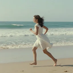 a girl in a white dress running along the beach, filmed by david lowery