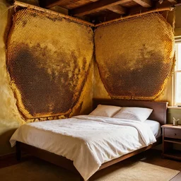 bed inside a room, bee hive walls