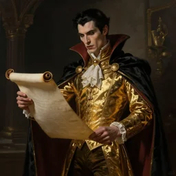 male vampire in dark golden noble clothes in a dramatic pose holding a scroll, realistic painting, artstation, cinematic, dramatic lighting