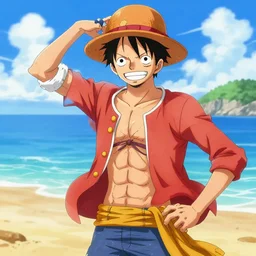 luffy from one piece, anime art, pixiv, luffy is on the beach with nami
