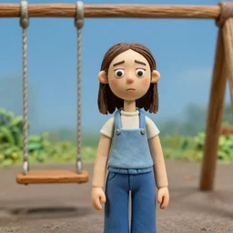 a closeup portrait of a sad woman standing next to an empty swing playground, stop motion animation, claymation, anomalisa,