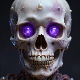 very detailed portrait of skull with pearl sphere purple glowing eyes + melting face skin + 4 k hyper details render + by alex grey + fractal mundelbulb intricate design + dramatic lighting + cinematography photography