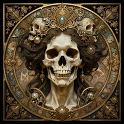 perfectly centered portrait front view of a angry dead rotten beautiful female skull growing ornamentation all around, ornate, ornaments, detailed, symmetrical, elegant, beautifully soft lit, by wayne barlowe, peter mohrbacher, kelly mckernan, alphonse mucha